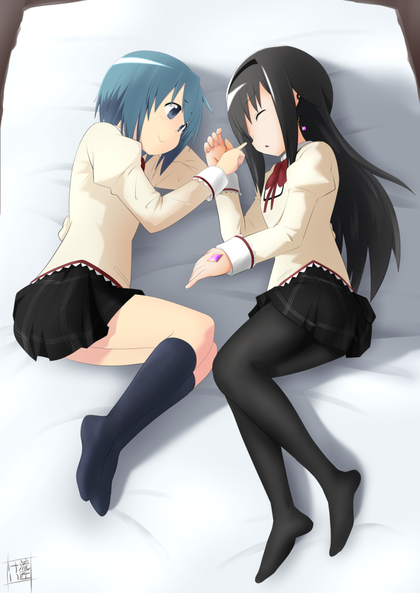 2girls akemi_homura bed black_hair black_pantyhose black_socks blue_eyes blue_hair blush breasts closed_eyes closed_mouth gem highres long_hair looking_at_another lying mahou_shoujo_madoka_magica mahou_shoujo_madoka_magica_(anime) miki_sayaka miniskirt mitakihara_school_uniform multiple_girls no_shoes on_bed on_side open_mouth pantyhose rushou_kei school_uniform short_hair skirt sleeping small_breasts smile socks yuri