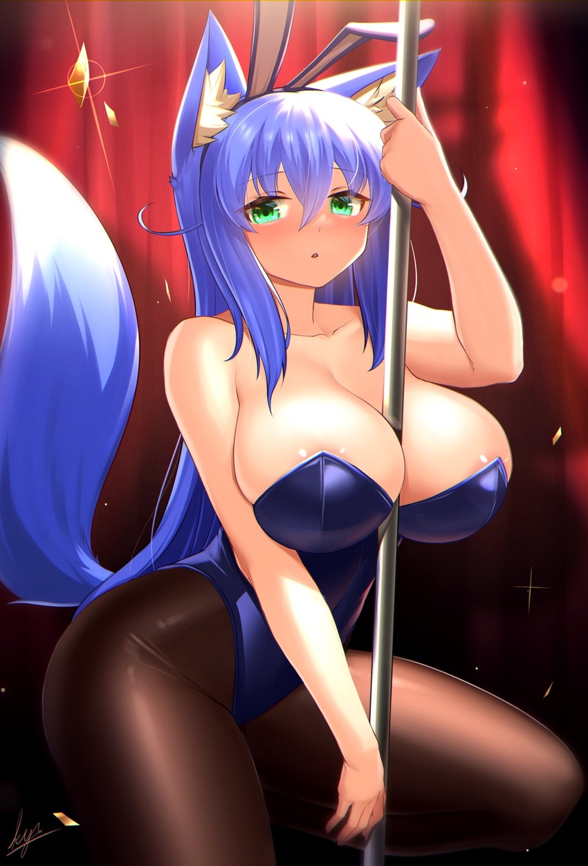 animal_ear_fluff animal_ears between_breasts black_pantyhose blue_eyes blue_hair blue_leotard breasts cleavage collarbone cropped_legs curtains fake_animal_ears female fox_ears fox_girl fox_tail fuyubare_kiyo hair_between_eyes highres kyu_(wein-seria) large_breasts leotard long_hair looking_at_viewer open_mouth original pantyhose playboy_bunny pole rabbit_ears solo strapless strapless_leotard stripper_pole tail watermark