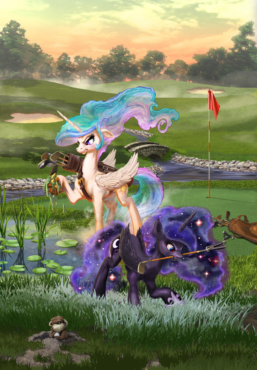 absurd_res alicorn ball bridge detailed_background equid equine female feral flag flag_(object) friendship_is_magic golf golf_ball golf_club golf_club_in_mouth golf_course grass group harwick hasbro hi_res holding_ball holding_golf_ball holding_object horn mammal mouth_hold my_little_pony mythological_creature mythological_equine mythology object_in_mouth outside plant princess_celestia_(mlp) princess_luna_(mlp) sport swamp trio water wings