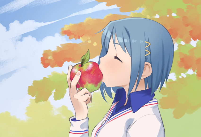 apple blue_hair blush closed_eyes commentary english_commentary female food from_side fruit gloamy hair_ornament hairclip highres mahou_shoujo_madoka_magica mahou_shoujo_madoka_magica_(anime) miki_sayaka outdoors saliva short_hair solo