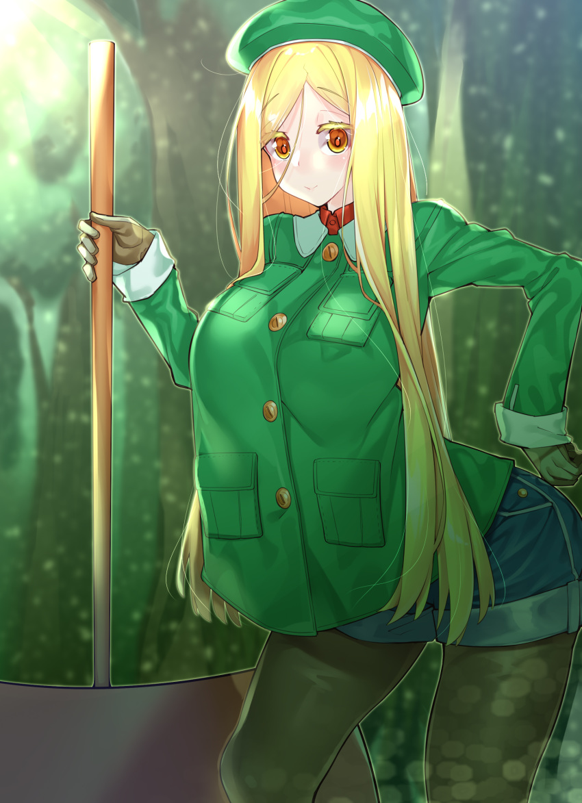 aged_up alternate_breast_size alternate_hair_length alternate_hairstyle arched_back axe blonde_hair blue_shorts blush breasts buttons closed_mouth coat denim denim_shorts fate/grand_order fate_(series) female gloves green_coat green_headwear green_jacket highres jacket large_breasts long_hair long_sleeves looking_at_viewer pantyhose paul_bunyan_(fate) shorts smile solo thighs watosu yellow_eyes