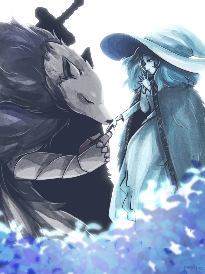 1boy blaidd_the_half-wolf blue_hair blue_skin cloak closed_eyes closed_mouth colored_skin dazey dress elden_ring extra_arms female field flower flower_field from_side fur_cloak hat highres joints kissing kissing_hand long_dress long_hair own_hands_together ranni_the_witch signature simple_background sitting smile steepled_fingers sword weapon weapon_on_back white_background witch_hat