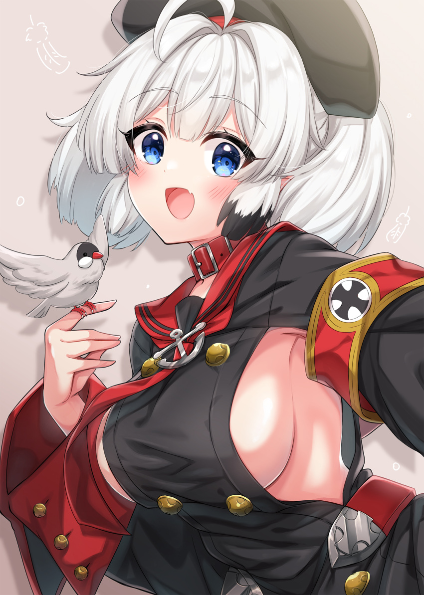 :d ahoge anchor_symbol armband armpit_cutout azur_lane beret bird bird_on_hand black_dress black_hair black_hat blue_eyes blush breasts clothing_cutout collar commentary cross dress drop_shadow female hair_between_eyes hair_intakes hat highres iron_cross large_breasts looking_at_viewer multicolored_hair neckerchief oerba_yun_fang open_mouth red_collar red_neckerchief red_sailor_collar ruima sailor_collar sideboob sidelocks simple_background skin_fang smile solo standing streaked_hair upper_body white_hair wide_sleeves z28_(azur_lane)