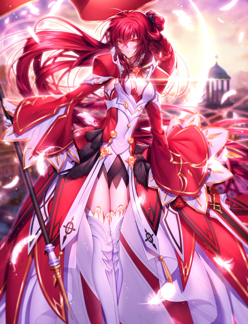 absurdres blurry blurry_background braid breasts cleavage closed_mouth dress elesis_(elsword) elsword empire_sword_(elsword) feathers female flag floating_hair hair_between_eyes hair_over_one_eye highres holding holding_flag layered_dress long_hair long_sleeves looking_at_viewer medium_breasts outdoors photoshop_(medium) red_eyes red_hair rourou_(been) shrug_(clothing) smile solo standing thighhighs tied_hair very_long_hair white_feathers white_thighhighs wide_sleeves