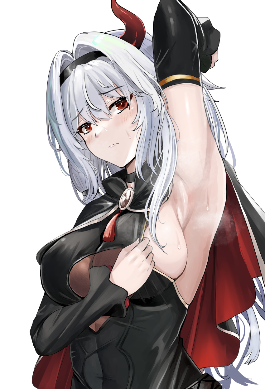 absurdres armpit_focus armpits black_dress blush breasts cape close-up closed_mouth dress female guardian_tales hairband half_vampire_priscilla highres horns long_hair looking_at_viewer medium_breasts presenting_armpit red_eyes sideboob single_horn smelly_armpits solo steam sweat sweaty_armpits upper_body white_background white_hair will2012tw