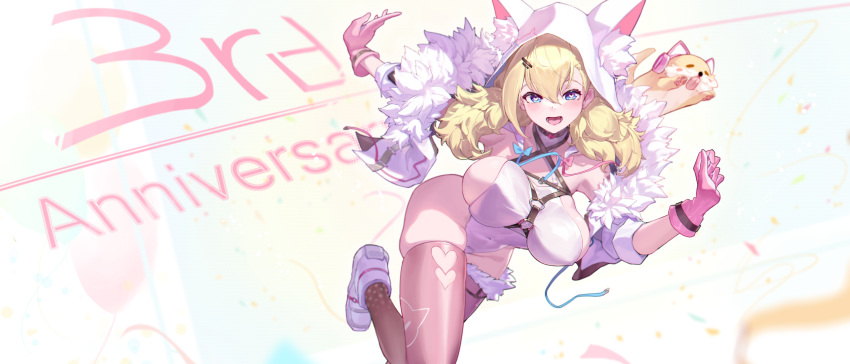 animal_ear_fluff anniversary blonde_hair blue_eyes breasts canine clothing_cutout female fur-trimmed_jacket fur_trim gloves hair_ornament hairclip han_(ozrfour) heart_cutout highres hood hood_up jacket large_breasts low_twintails nijisanji pink_gloves pink_thighhighs thighhighs twintails virtual_youtuber virtuareal white_footwear white_jacket yukie_(virtuareal)