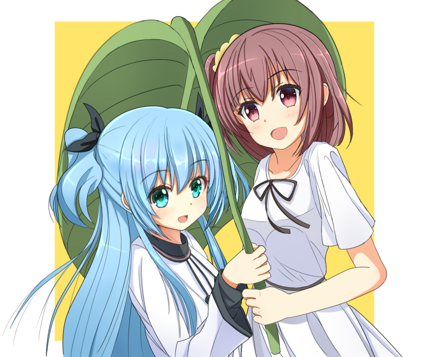 2girls black_ribbon blue_eyes blue_hair blush brown_eyes brown_hair collarbone dress hair_between_eyes hair_ornament hair_ribbon holding holding_umbrella komiya_nonoka long_hair long_sleeves looking_at_viewer multiple_girls noel_(sora_no_method) open_mouth red_eyes ribbon scrunchie shared_umbrella short_hair short_sleeves side_ponytail sidelocks simple_background skirt smile sora_no_method tsukiko_neko two-tone_background two_side_up umbrella very_long_hair white_dress