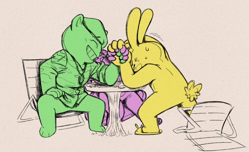 anthro arm_wrestling bear beaver bodily_fluids clothed clothing cuddles_(htf) flippy_(htf) group happy_tree_friends lagomorph leporid long_ears loodles male mammal rabbit rodent simple_background struggling sweat teeth toothy_(htf)