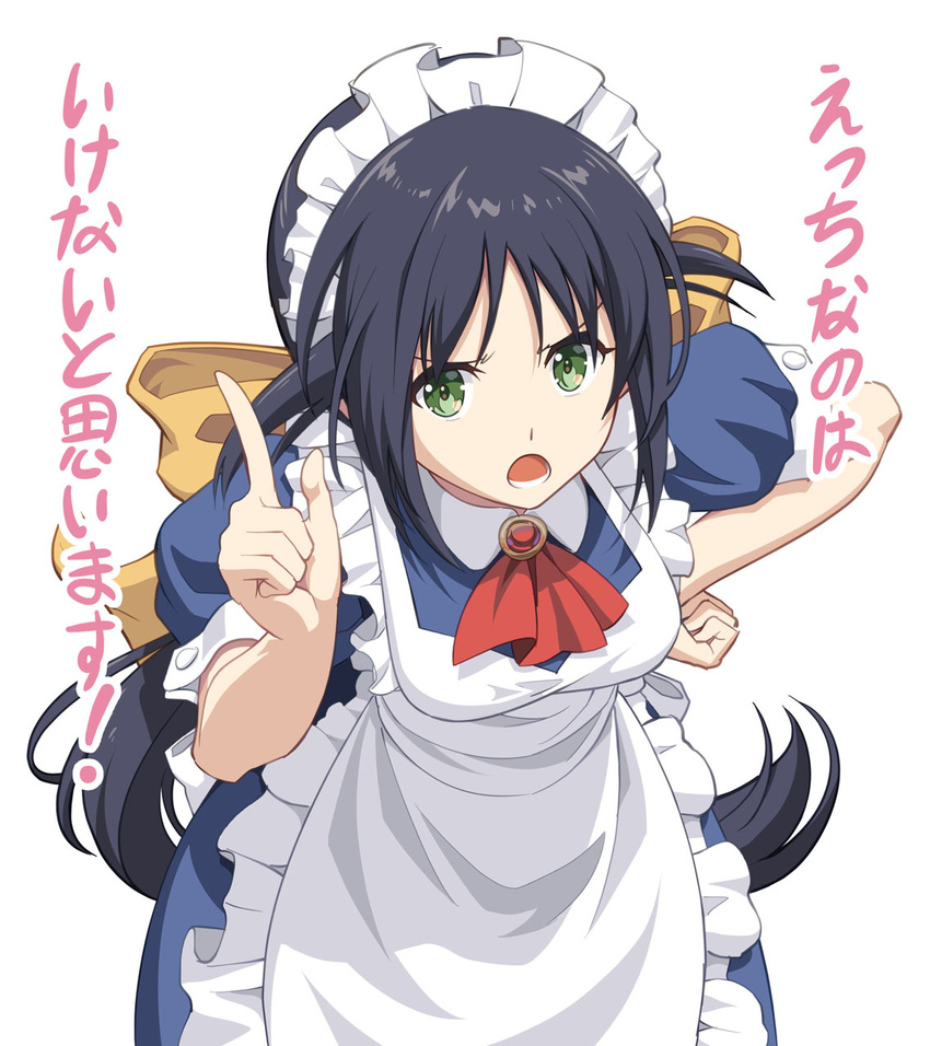 andou_mahoro apron ascot blue_dress blue_hair commentary dress ecchi_nano_wa_ikenai_to_omoimasu female green_eyes hand_on_own_hip highres index_finger_raised leaning_forward long_hair looking_at_viewer mahoromatic maid maid_headdress open_mouth pinakes red_ascot simple_background solo translated white_apron white_background