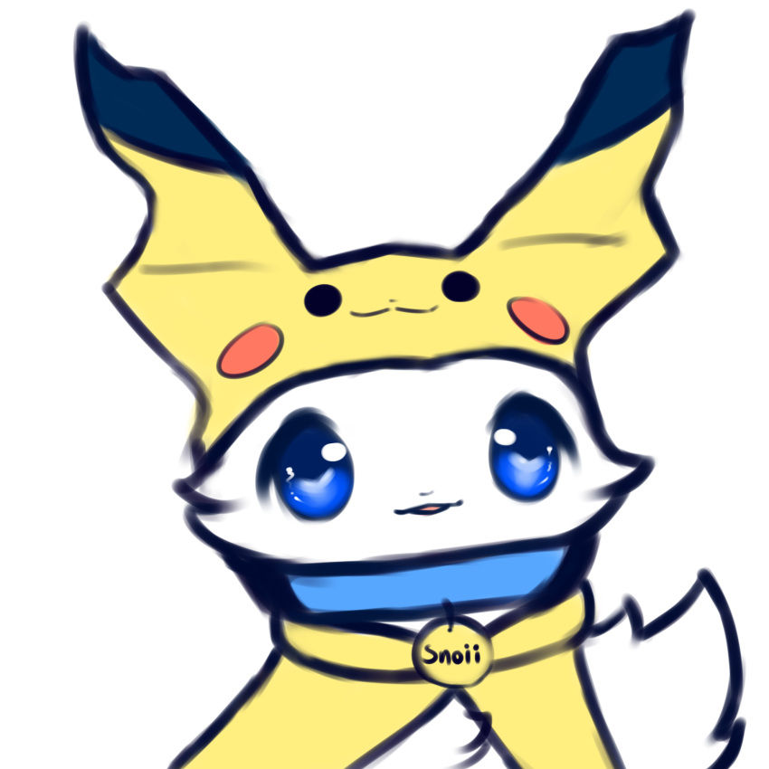 1:1 alpha_channel ambiguous_gender blue_eyes blue_sclera canid canine clothing collar cosplay costume emoji emote feral fluffy fox fur generation_1_pokemon hi_res looking_at_viewer mammal name_tag nintendo open_mouth pikachu pokemon pokemon_(species) simple_background smile snoii_(snoiifoxxo) snoiifoxxo solo text transparent_background tuft white_body white_fur