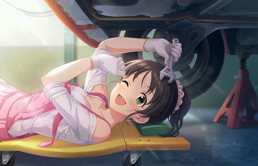 black_hair clothing_cutout creeper_(tool) dirty dirty_face female gloves grease_(mechanical) green_eyes ground_vehicle harada_miyo idolmaster idolmaster_cinderella_girls idolmaster_cinderella_girls_starlight_stage jack_stand light_rays lying motor_vehicle official_art on_back one_eye_closed overalls pink_overalls ponytail scrunchie shirt shoulder_cutout smile solo sunbeam sunlight tire wheel white_gloves white_shirt wrench