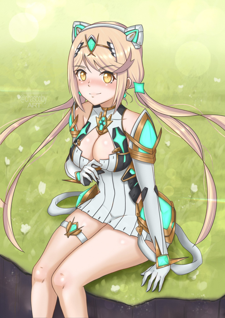 bare_legs bare_shoulders blonde_hair blush breasts chascoby chest_jewel cleavage cleavage_cutout clothing_cutout dress earrings elbow_gloves female gem gloves headpiece highres jewelry large_breasts long_hair looking_at_viewer mythra_(xenoblade) short_dress solo swept_bangs thigh_strap tiara tsundere twintails very_long_hair white_dress white_gloves xenoblade_chronicles_(series) xenoblade_chronicles_2 yellow_eyes