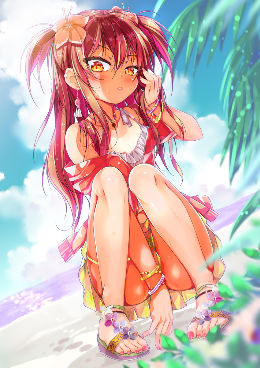 adjusting_hair armband beach between_legs blurry blurry_background blurry_foreground blush cafe-chan_to_break_time cafe_(cafe-chan_to_break_time) camisole cloud cloudy_sky commentary_request earrings feet female flower hair_between_eyes hair_flower hair_ornament hair_over_shoulder hand_between_legs highres jewelry kneeling long_hair looking_at_viewer necklace open_clothes open_shirt orange_eyes original outdoors palm_leaf porurin red_hair sandals skirt sky solo thigh_strap two_side_up wet white_camisole yellow_skirt