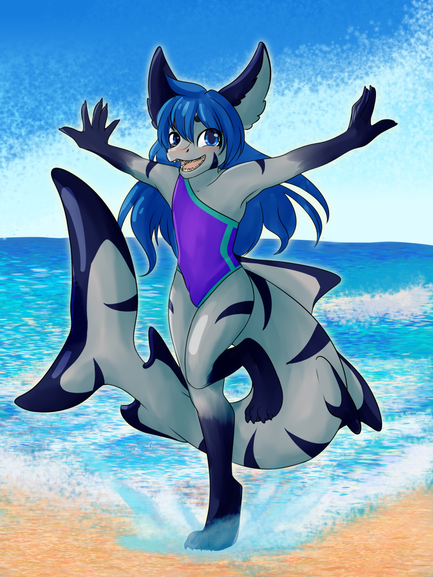 3:4 4_toes 5_fingers absurd_res anthro beach big_tail blue_hair blush clothing feet female fingers fish grey_body hair happy hi_res kenzume marine markings one-piece_swimsuit open_mouth open_smile seaside shark sharp_teeth single_strap single_strap_clothing single_strap_swimsuit single_strap_swimwear smile solo swimwear tail teeth toes tongue water young