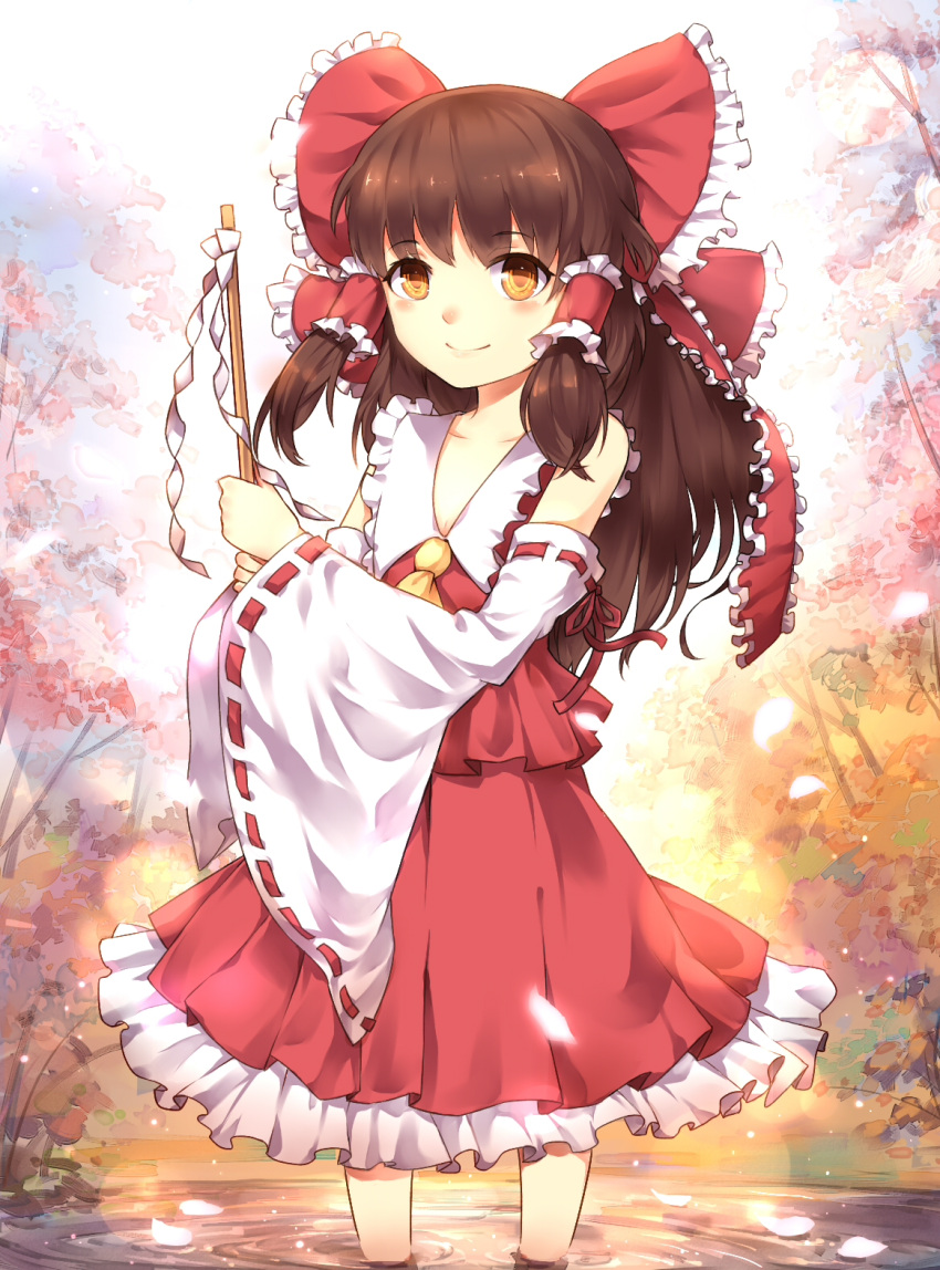 ascot bad_id bad_pixiv_id blush bow brown_hair detached_sleeves female gohei hair_tubes hairbow hakurei_reimu highres long_hair petals red_bow smile solo suika01 touhou wading water wide_sleeves