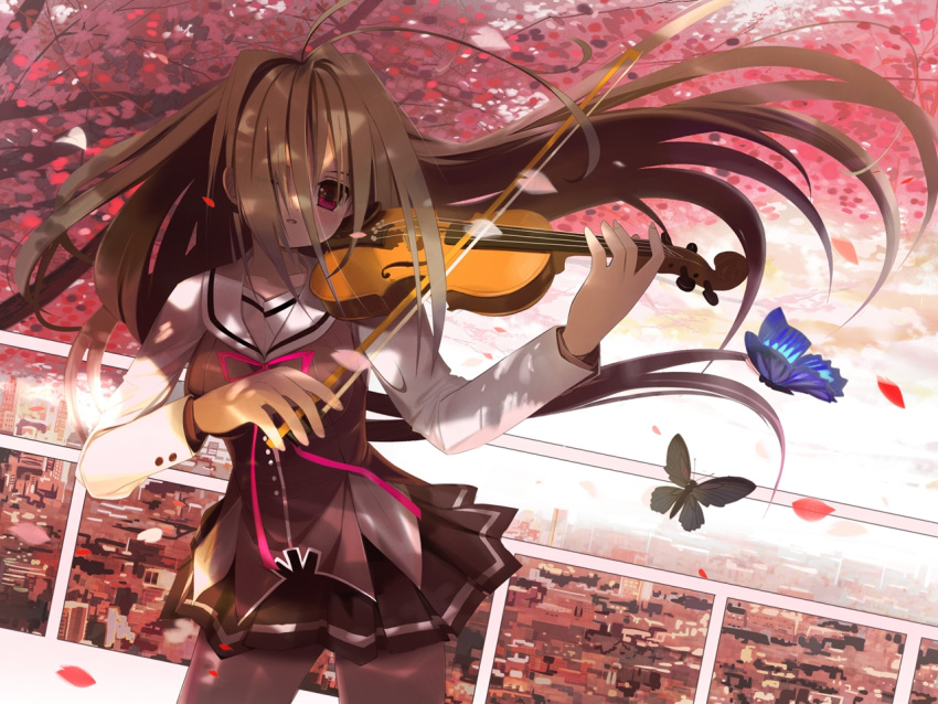 ahoge bad_proportions black_butterfly black_legwear black_skirt blue_butterfly bow_(music) brown_hair bug butterfly day female g-senjou_no_maou hair_over_one_eye instrument jiyuugasaki_academy_school_uniform long_hair long_sleeves music outdoors petals playing_instrument railing red_eyes school_uniform skirt solo susugi usami_haru very_long_hair violin