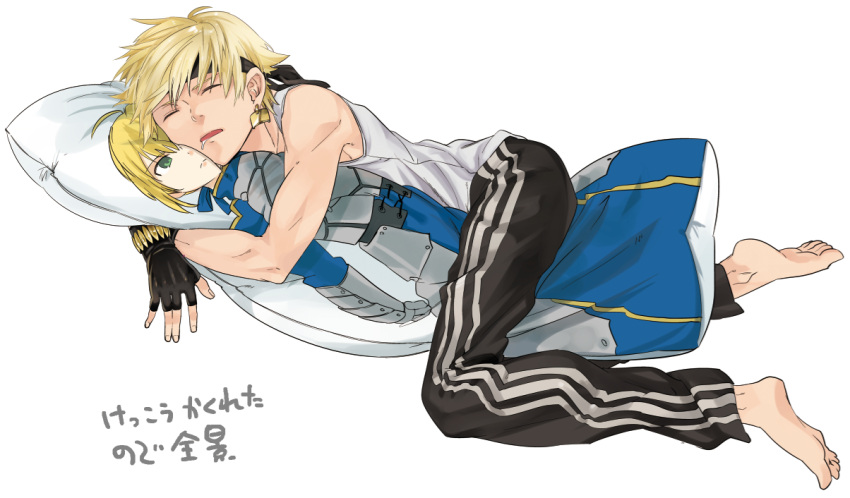 1boy alternate_costume artoria_pendragon_(fate) bad_id bad_pixiv_id blonde_hair dakimakura_(object) drooling fate/stay_night fate_(series) gilgamesh_(fate) gilgamesh_(sensha_otoko)_(fate) male_focus ocha_(oteaaa) pants pillow saber_(fate) sensha_otoko short_hair simple_background sleeping solo track_pants white_background