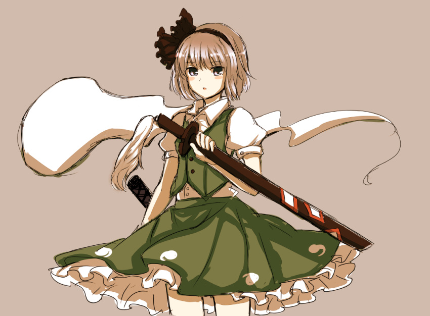 bad_id bad_pixiv_id black_hairband blush female grey_eyes hair_ribbon hairband hitodama konpaku_youmu konpaku_youmu_(ghost) open_mouth puffy_sleeves ribbon short_hair short_sleeves solo sword touhou tsukiori weapon white_hair