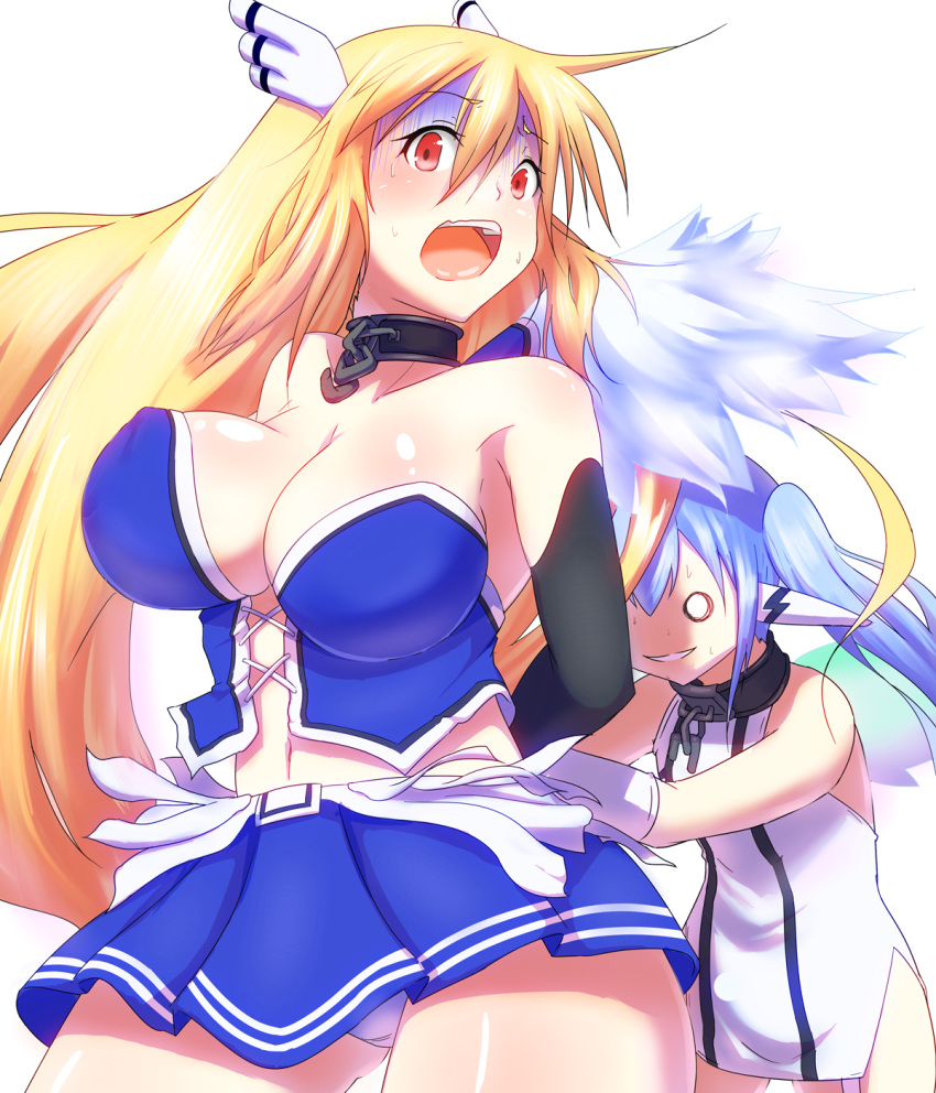 2girls angel_wings astraea_(sora_no_otoshimono) bare_shoulders blonde_hair blue_hair breasts chains choker cleavage commentary_request head_wings highres large_breasts long_hair multiple_girls navel nymph_(sora_no_otoshimono) open_mouth panties red_eyes side_ponytail sleeveless sora_no_otoshimono sweat sweatdrop turn_pale underwear white_panties wings yamaneko_ken