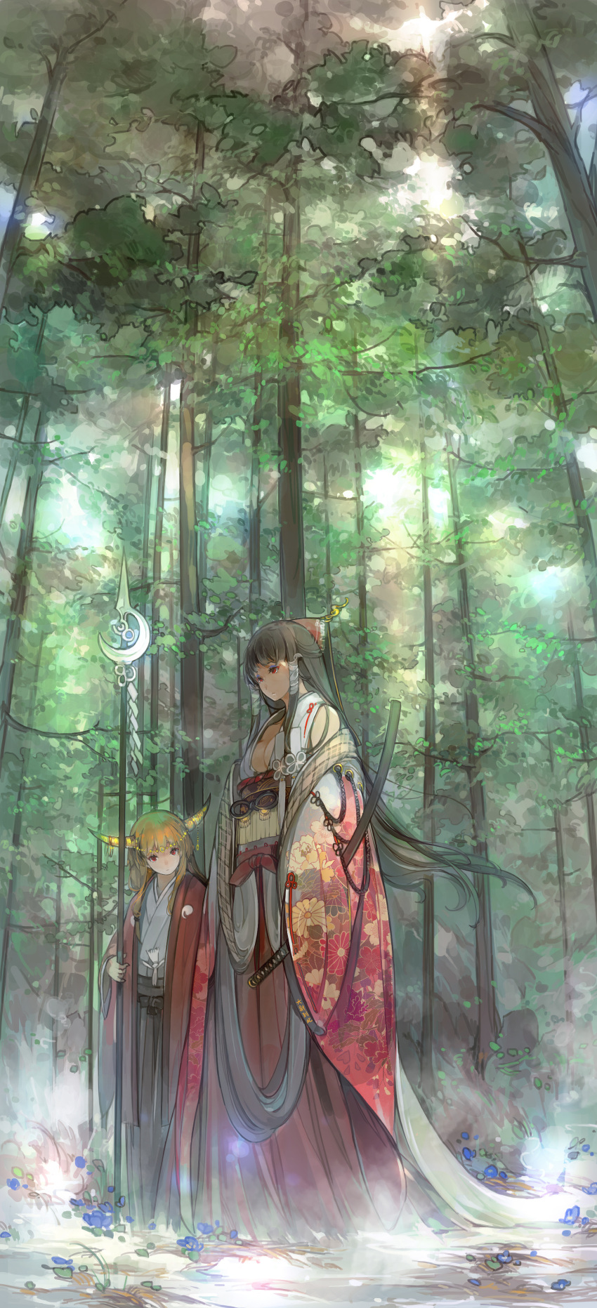 2girls absurdres aged_up alternate_costume black_hair breasts brown_hair cleavage commentary_request eyeshadow floral_print forest hair_tubes hakurei_reimu height_difference highres holding horns ibuki_suika japanese_clothes jewelry katana long_hair makeup medium_breasts miko multiple_girls nature ornate partial_commentary photoshop_(medium) polearm red_eyes sakura_sora spear standing sword tall touhou tree very_long_hair weapon