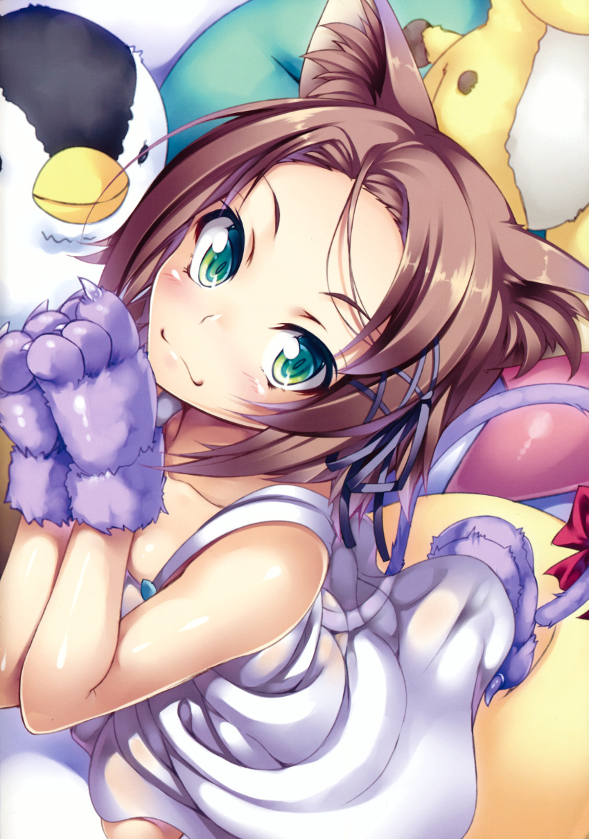 :3 absurdres accel_world animal_ears bird blush brown_hair cat_ears dress female gloves green_eyes highres ichijou_hitoshi kurashima_chiyuri penguin ribbon short_hair smile tail toy