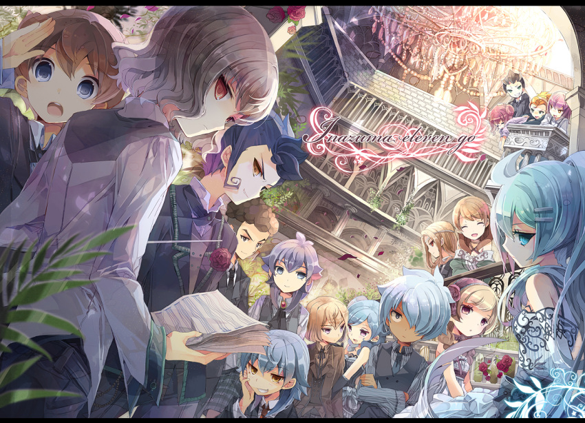 5girls 6+boys :o aqua_eyes aqua_hair arm_grab bad_id bad_pixiv_id belt beta_(inazuma_eleven) blonde_hair blue_hair brown_hair character_request closed_eyes copyright_name crossed_arms dutch_angle einamu elbow_gloves everyone flower formal fruit_punch gloves grin hair_ornament hair_over_one_eye hairband hairclip hayabusa_hideki inazuma_eleven_(series) inazuma_eleven_go inazuma_eleven_go_chrono_stone isozaki_kenma kariya_masaki kishibe_taiga kita_ichiban kurama_norihito letterboxed looking_at_viewer manto_(inazuma_eleven) matsukaze_tenma mitsuyoshi_yozakura multiple_boys multiple_girls open_mouth photoshop_(medium) pink_hair purple_eyes rose sangoku_taichi shindou_takuto shorts smile suit tsurugi_kyousuke yamana_akane yellow_eyes