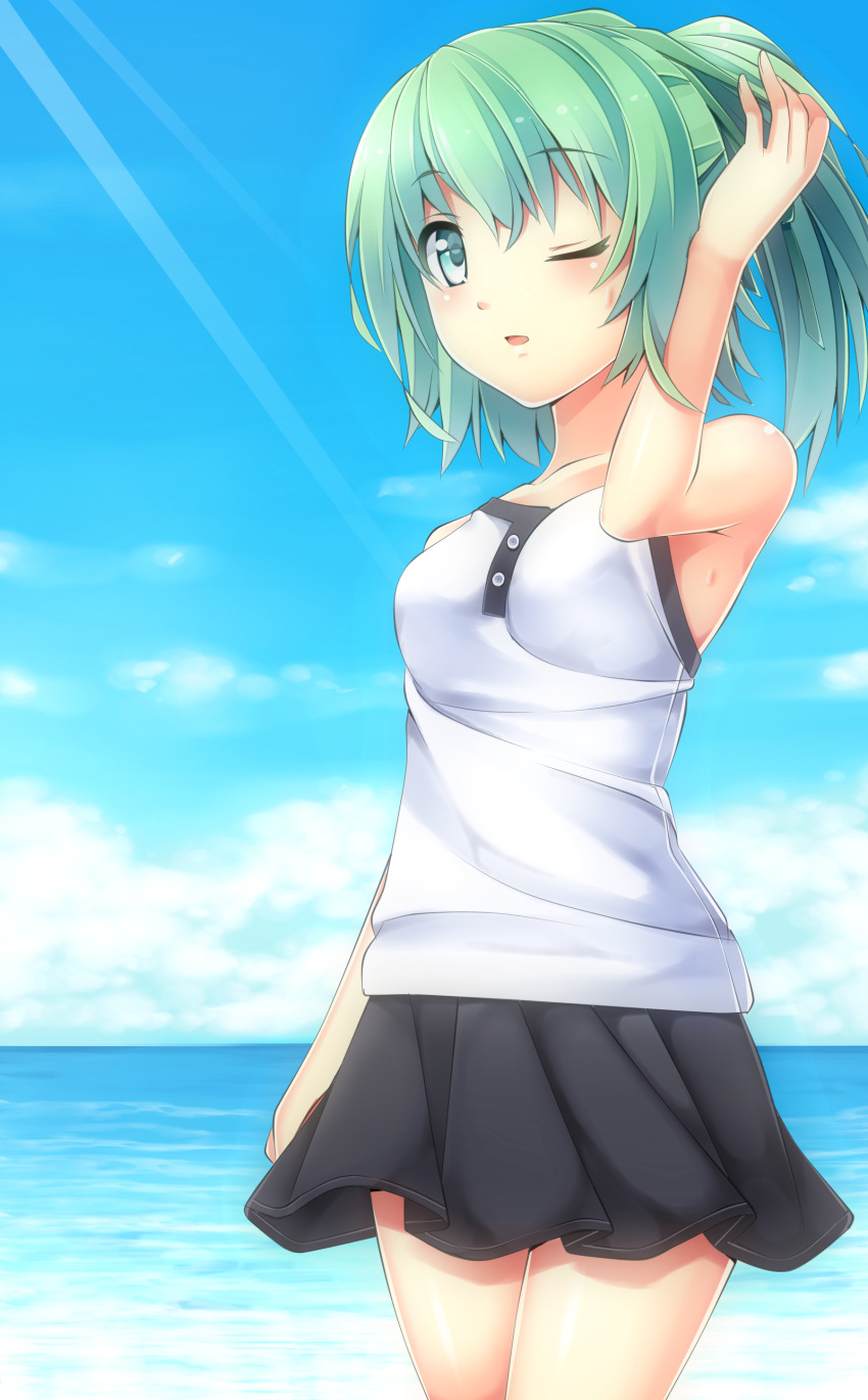 absurdres bad_id bad_pixiv_id beach blush day duel_monster female green_eyes green_hair highres komimiyako long_hair one_eye_closed open_mouth outdoors ponytail skirt smile solo sun water wynn_(yu-gi-oh!) wynn_the_wind_charmer yu-gi-oh! yu-gi-oh!_duel_monsters