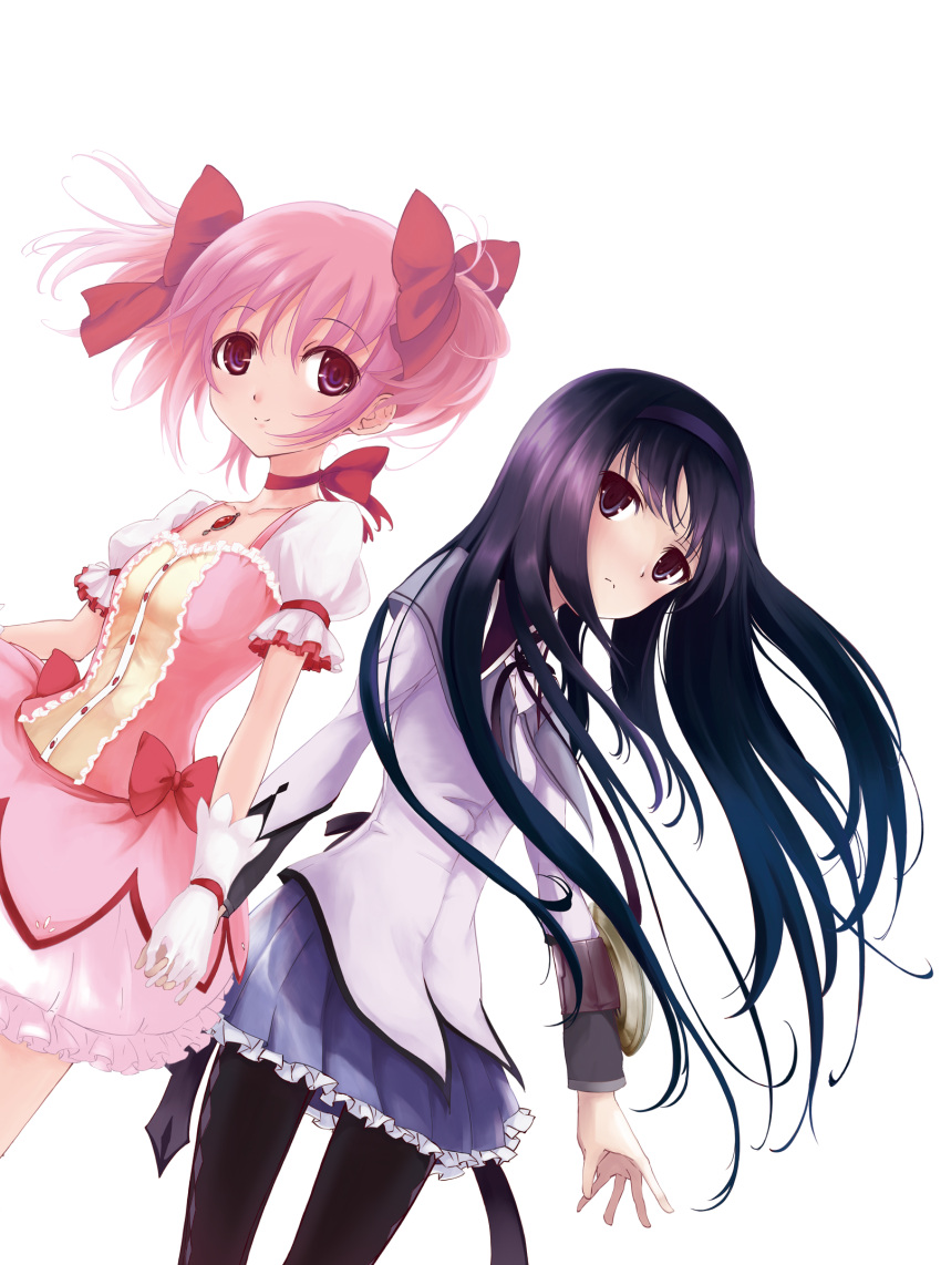 2girls akemi_homura akemi_homura_(magical_girl) argyle_clothes argyle_legwear black_pantyhose bow bubble_skirt choker commentary_request gloves hairbow highres holding_hands interlocked_fingers kaname_madoka kaname_madoka_(magical_girl) long_hair magical_girl mahou_shoujo_madoka_magica mahou_shoujo_madoka_magica_(anime) multiple_girls pantyhose pink_eyes pink_hair purple_eyes purple_hair ribbon_choker sasakawa_arumi short_twintails skirt soul_gem twintails white_background