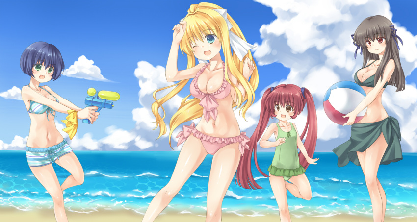 4girls air_(visual_novel) bad_id bad_pixiv_id ball beach beachball bikini black_hair blonde_hair blue_eyes blue_hair brown_eyes casual_one-piece_swimsuit cloud day green_eyes green_sarong kamio_misuzu kirishima_kano long_hair michiru_(air) multiple_girls one-piece_swimsuit outdoors red_eyes red_hair ribbon sarong satou_aoi short_hair shorts swimsuit toono_minagi twintails water_gun