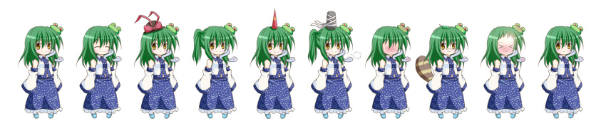 >_o :t ^_^ alternate_color alternate_hairstyle blush chibi closed_eyes commentary_request cosplay detached_sleeves female forehead frog_hair_ornament full_body futatsuiwa_mamizou futatsuiwa_mamizou_(cosplay) glasses green_hair hair_ornament hat highres horns hoshiguma_yuugi hoshiguma_yuugi_(cosplay) kochiya_sanae kochiya_sanae_(cosplay) leaf long_hair mononobe_no_futo mononobe_no_futo_(cosplay) nagae_iku nagae_iku_(cosplay) one_eye_closed osashin_(osada) pince-nez ponytail pout raccoon_tail single_horn skirt sleeves_past_wrists smile snake star_(symbol) tail tate_eboshi touhou transparent_background wide_image yellow_eyes