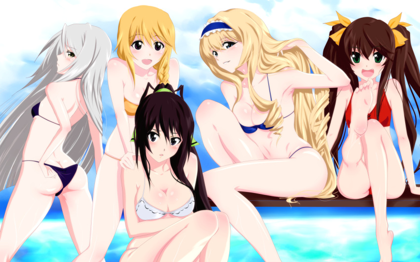 5girls :d adjusting_hair ass bad_id bad_link bad_nicoseiga_id barefoot bikini black_bikini black_hair blonde_hair blue_bikini blue_eyes blue_hairband blush breast_hold breasts brown_hair cecilia_alcott charlotte_dunois cleavage crossed_arms from_behind green_eyes grey_hair hair_ribbon hairband highres huang_lingyin infinite_stratos large_breasts laura_bodewig leg_up legs long_hair long_legs looking_at_viewer looking_back multiple_girls navel no_eyepatch oerba_yun_fang open_mouth ponytail red_bikini ribbon rikku_(cake) shinonono_houki sitting smile soles standing string_bikini swimsuit thighs toes twintails white_bikini yellow_bikini yellow_eyes