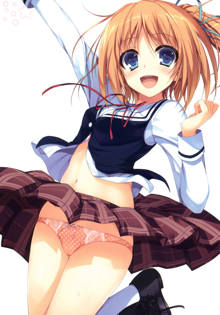 :d absurdres arm_up blue_eyes bow bow_panties clothes_lift dutch_angle female hair_ribbon highres kizuna midriff navel open_mouth orange_hair panties pantyshot pink_panties plaid plaid_skirt pleated_skirt polka_dot polka_dot_panties ponytail reminiscence ribbon skirt skirt_lift smile solo tomose_shunsaku underwear