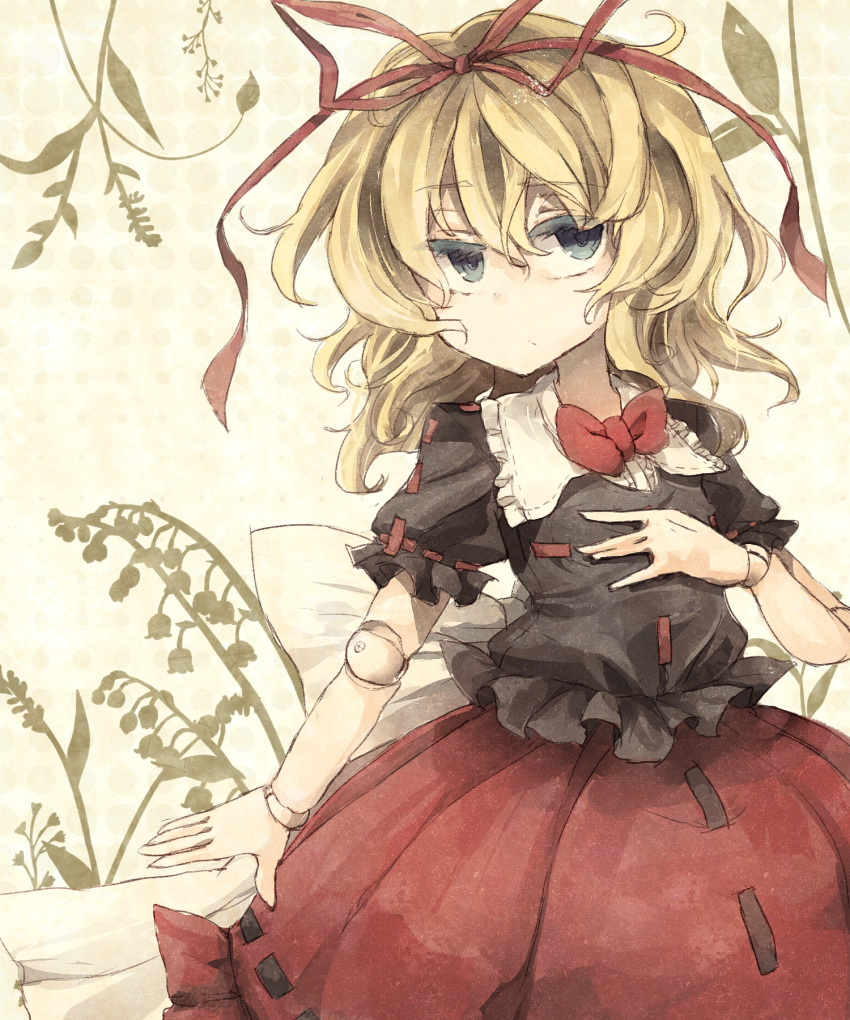 bad_id bad_pixiv_id blonde_hair blue_eyes bow bubble_skirt colored_eyelashes doll_joints expressionless female hair_ornament hair_ribbon hairbow hand_on_own_chest highres hisona_(suaritesumi) joints medicine_melancholy ribbon shirt short_hair skirt solo touhou