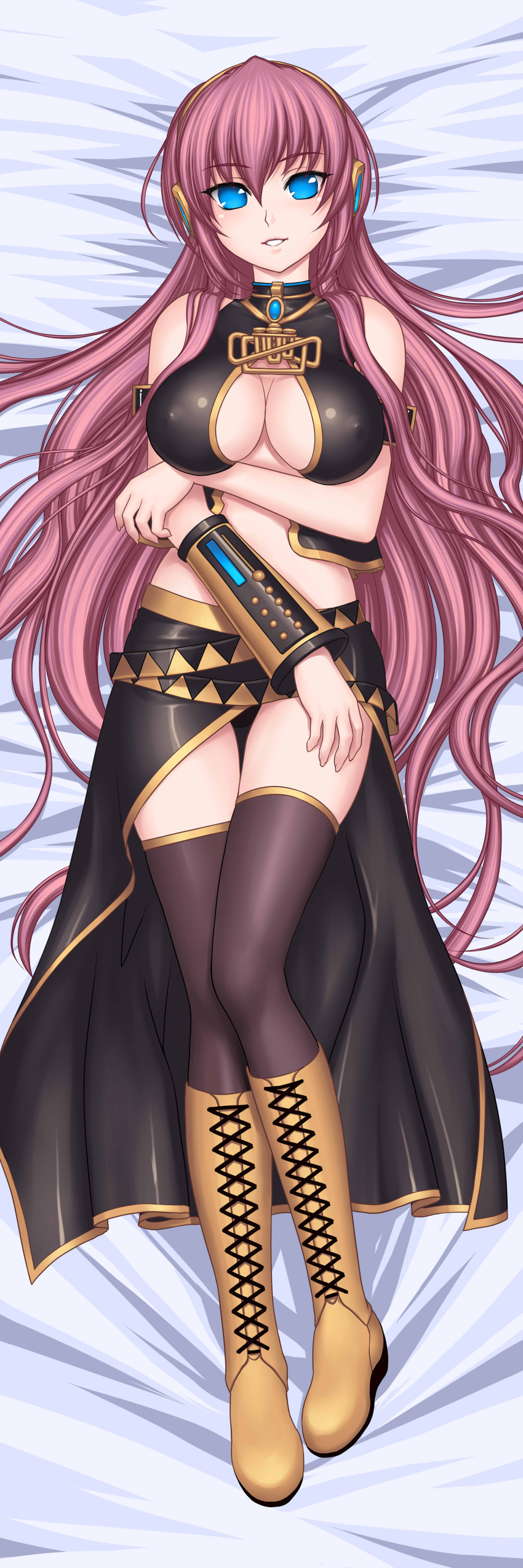 absurdres bed bed_sheet blue_eyes blush boots breasts cleavage commentary_request dakimakura_(medium) empty_eyes female from_above full_body headphones highres kiazee large_breasts long_hair looking_at_viewer lying megurine_luka on_back on_bed on_stomach purple_hair solo thighhighs very_long_hair vocaloid