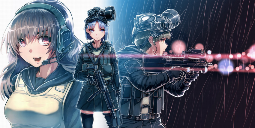 3girls black_gloves black_hair black_legwear blue_eyes blue_hair brown_hair bullpup call_of_duty call_of_duty:_modern_warfare_3 commentary_request gas_mask genderswap_(mtf) gloves gun h&k_mp5 heckler_&_koch highres holding long_hair maid_headdress mask multiple_girls p90 pink_eyes rule_63 short_hair siqi_(miharuu) submachine_gun thighhighs weapon