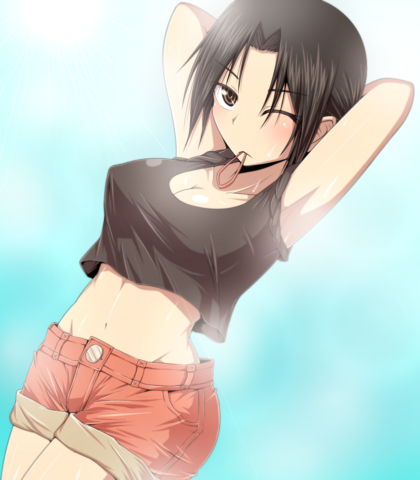 alternate_costume armpits arms_up bad_id bad_pixiv_id black_hair breasts brown_eyes contemporary female hair_up highres kuroba_rapid looking_at_viewer medium_breasts midriff mouth_hold navel one_eye_closed orange_shorts shameimaru_aya short_shorts shorts solo tank_top touhou