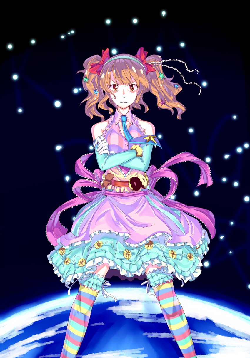 absurdres bad_id bad_pixiv_id bare_shoulders bow brown_eyes brown_hair crossed_arms detached_sleeves dress female gunbuster_pose hair_ornament hairclip highres idolmaster idolmaster_cinderella_girls light_particles moroboshi_kirari multicolored_clothes multicolored_legwear multicolored_stripes short_hair smile solo star_(symbol) star_hair_ornament striped_clothes striped_thighhighs thighhighs twintails yoshika_(music480069)