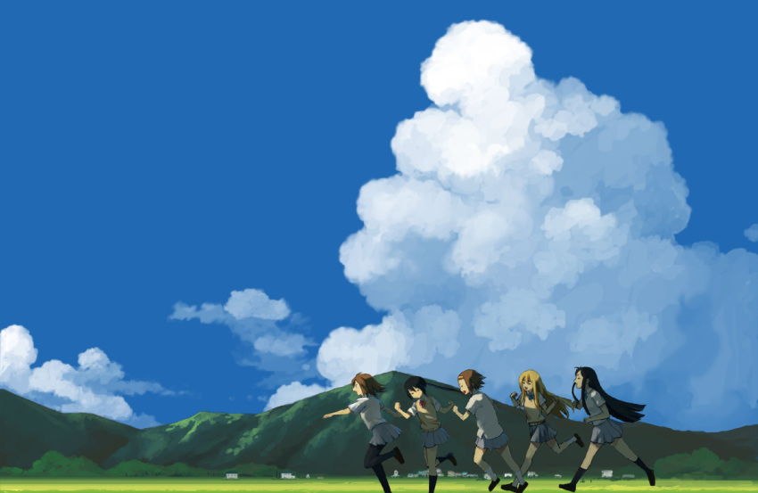 5girls akiyama_mio black_footwear black_hair black_pantyhose black_socks blonde_hair blue_skirt blue_sky brown_hair clenched_hands cloud commentary_request day from_side green_neckwear hair_slicked_back hairband hirasawa_yui hirokiku k-on! kneehighs kotobuki_tsumugi long_hair miniskirt mountain multiple_girls nakano_azusa neck_ribbon outdoors outstretched_arm pantyhose photoshop_(medium) pointing profile red_ribbon ribbon running sakuragaoka_high_school_uniform scenery school_uniform shirt shoes short_hair short_sleeves skirt sky socks straight_hair sweater_vest tainaka_ritsu untucked_shirt w_arms white_legwear white_shirt