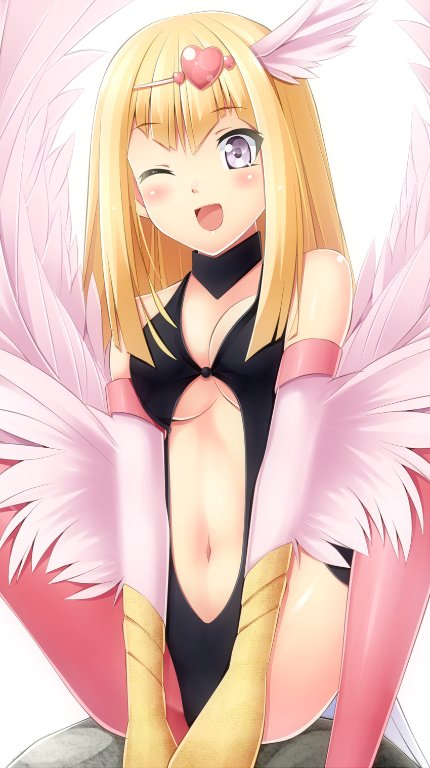 ;d absurdres asymmetrical_clothes bad_id bad_pixiv_id bare_shoulders blonde_hair blush breasts duel_monster feathered_wings feathers female hair_ornament harpie_girl_(yu-gi-oh!) harpy head_wings heart heart_hair_ornament highres komimiyako long_hair medium_breasts midriff monster_girl navel one_eye_closed open_mouth pantyhose purple_eyes red_legwear rock simple_background single_leg_pantyhose sitting smile solo thighhighs underboob white_background winged_arms wings yu-gi-oh! yu-gi-oh!_5d's