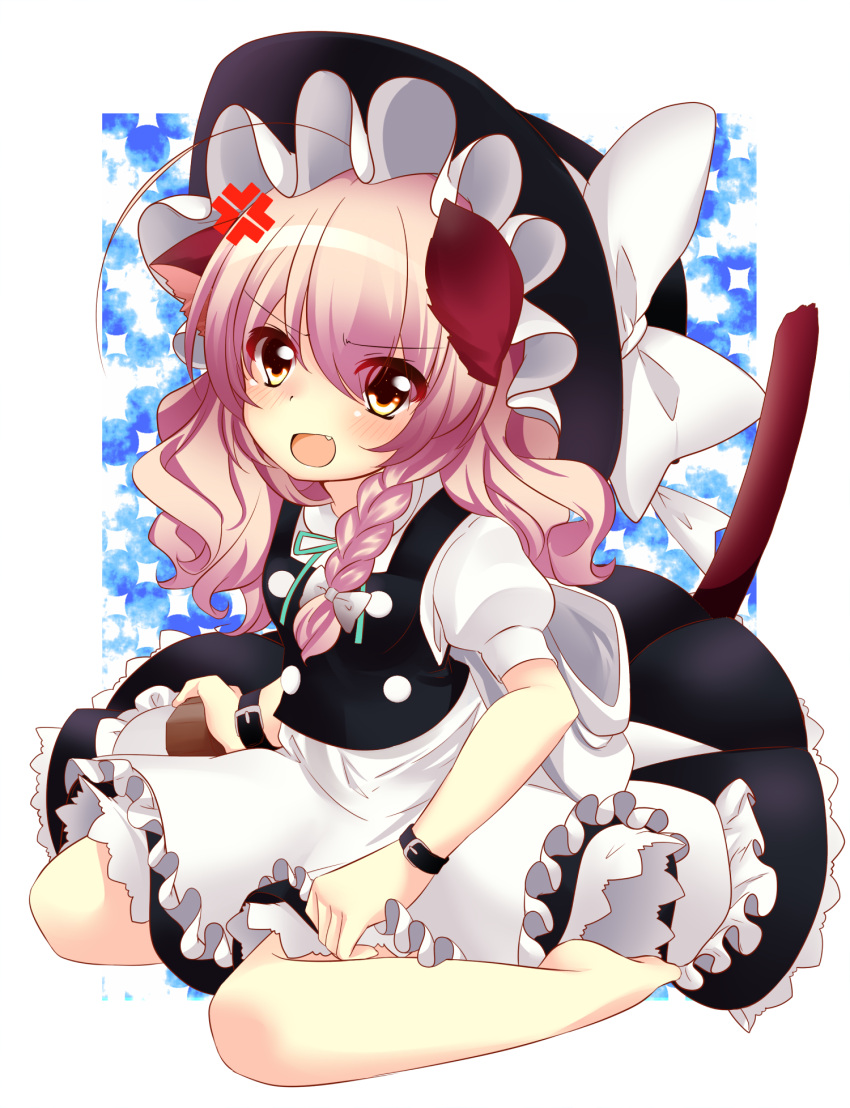 alternate_hair_color anger_vein animal_ears apron bad_id bad_pixiv_id blush bow braid cat_ears cat_tail female haruta_(806060) hat hat_bow highres kirisame_marisa oerba_yun_fang open_mouth pink_hair puffy_sleeves short_sleeves side_braid single_braid solo tail touhou witch_hat yellow_eyes