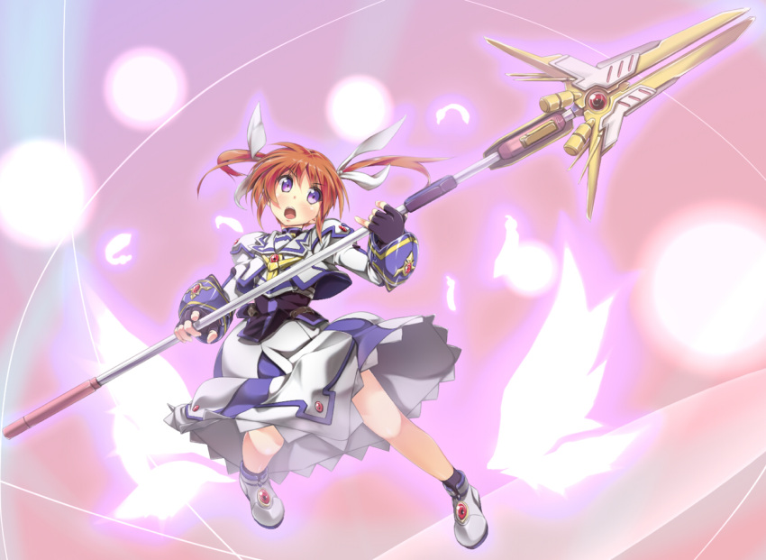 blush commentary_request female fingerless_gloves full_body gloves hair_ribbon lyrical_nanoha magazine_(weapon) magical_girl mahou_shoujo_lyrical_nanoha mahou_shoujo_lyrical_nanoha_a's mahou_shoujo_lyrical_nanoha_the_movie_2nd_a's morito_(mikamitouya) open_mouth purple_eyes raising_heart raising_heart_(exelion_mode)_(2nd) red_hair ribbon shoes solo takamachi_nanoha takamachi_nanoha_(exelion_mode) twintails winged_footwear wings