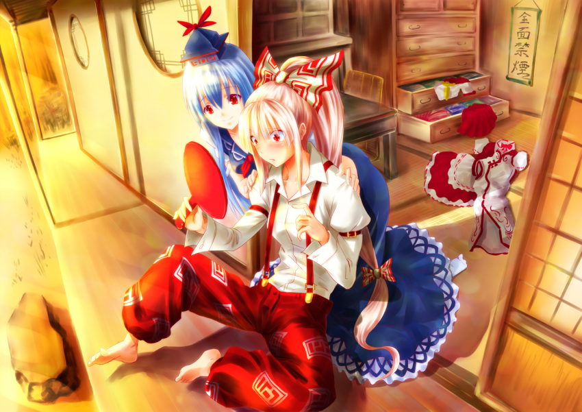 2girls alternate_hairstyle barefoot blush china_dress chinese_clothes commentary_request dress dress_shirt fujiwara_no_mokou hat hijikawa_arashi kamishirasawa_keine long_hair mirror multiple_girls painttool_sai_(medium) pants ponytail red_eyes shirt smile suspenders tatami touhou twilight veranda white_hair