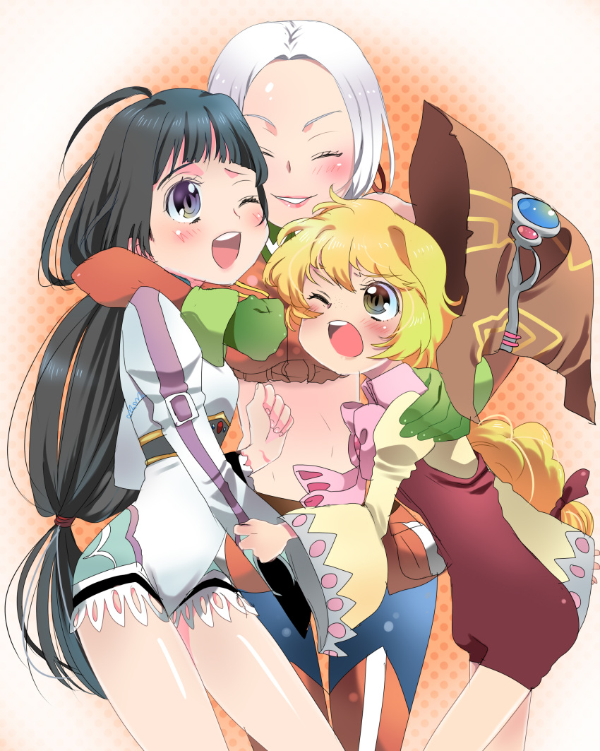 3girls absurdres ahoge bare_shoulders belt beryl_benito black_hair blonde_hair blush bow breasts brown_eyes closed_eyes earrings elbow_gloves gloves hat highres innes_lorenz jewelry kohak_hearts lipstick long_hair low-tied_long_hair makeup midriff multiple_girls open_mouth orange_background pants purple_eyes ribbon short_hair shorts silver_hair skirt tales_of_(series) tales_of_hearts wide_sleeves wink witch_hat