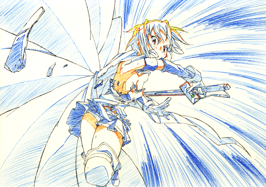 armband armor bad_id bad_pixiv_id belt blue_theme broken_armor cape clenched_teeth colored_pencil_(medium) female gensei-225 gloves magical_girl mahou_shoujo_madoka_magica mahou_shoujo_madoka_magica_(anime) miki_sayaka miki_sayaka_(magical_girl) short_hair skirt solo soul_gem sword teeth thighhighs traditional_media weapon