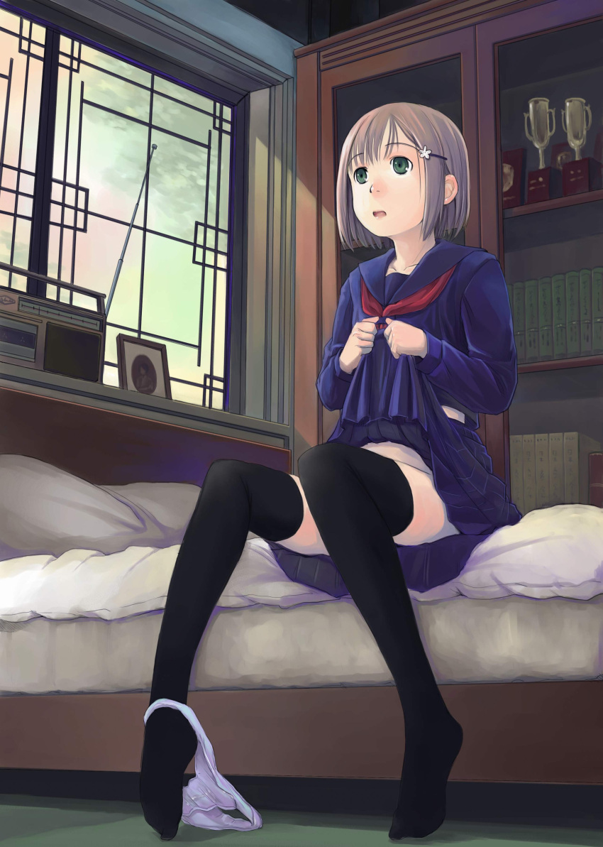 absurdres bed black_thighhighs blush brown_hair clothes_lift commentary_request female green_eyes hair_ornament hairclip hidari_kagetora highres looking_up no_shoes open_mouth original panties panties_around_one_leg school_uniform short_hair sitting skirt skirt_lift solo thighhighs underwear undressing window