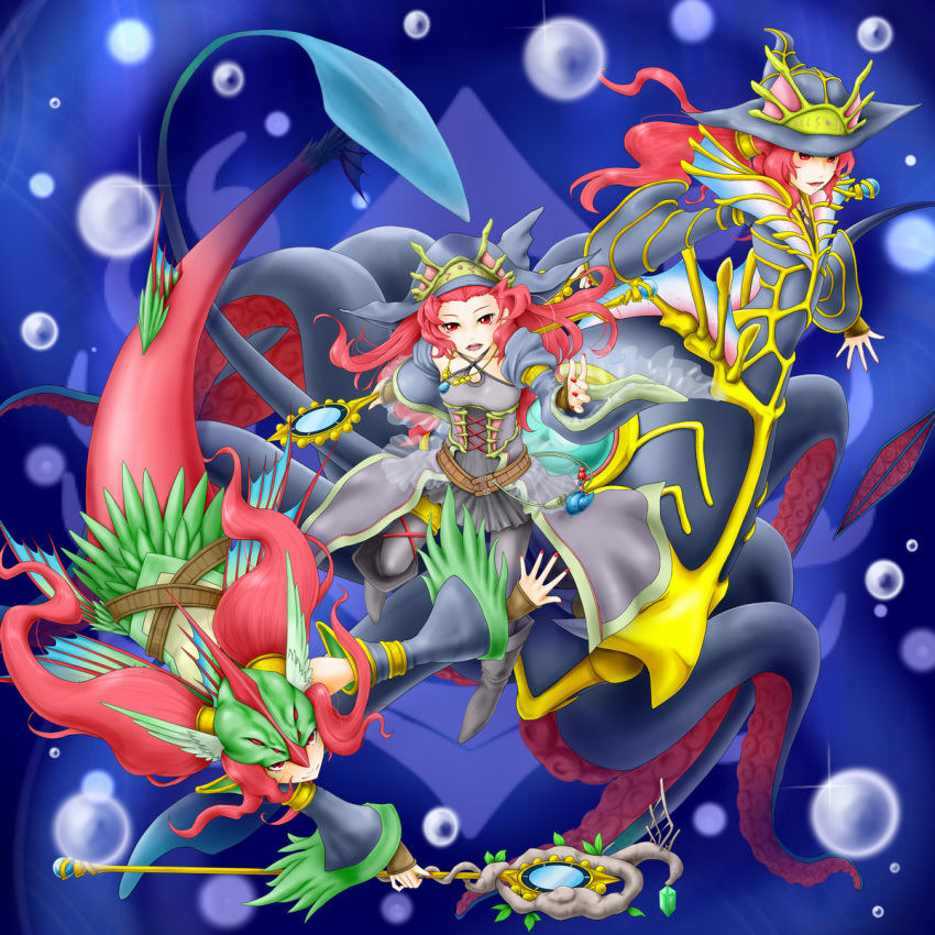 duel_monster evigishki_gustkraken evigishki_merrowgeist gishki_emilia highres mermaid monster_girl red_eyes red_hair ritua_emilia staff usoutsuki yu-gi-oh! yuu-gi-ou_duel_monsters