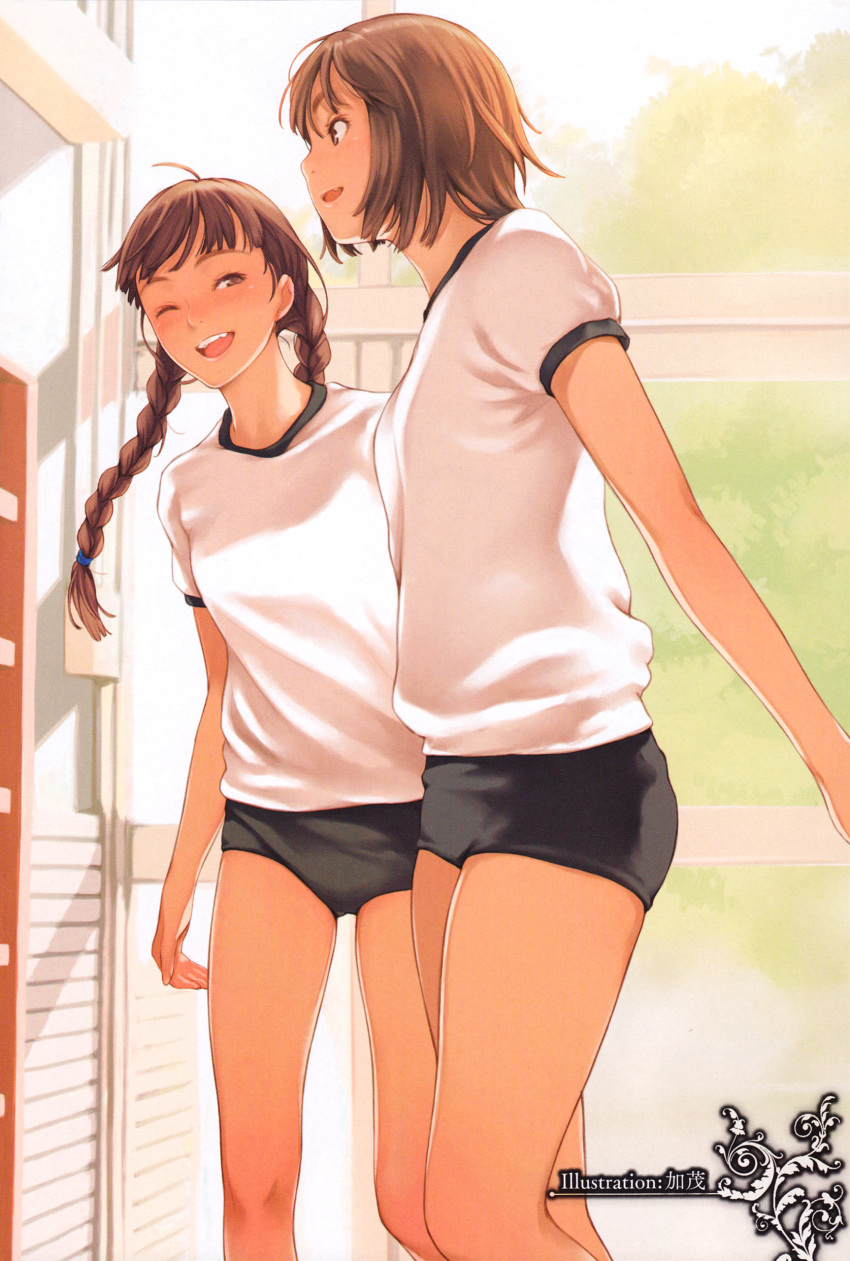 2girls ;d absurdres braid brown_eyes brown_hair buruma gym_uniform highres kamo_(gafas) long_hair multiple_girls non-web_source one_eye_closed open_mouth original photoshop_(medium) scan short_hair smile teeth twin_braids