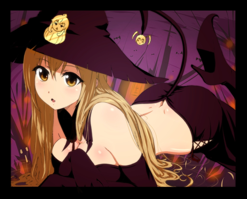 blonde_hair blush border breasts brown_eyes butt_crack cameo commentary_request elbow_gloves female gloves halloween hat high_heels long_hair lying medium_breasts minami-ke minami_chiaki minami_haruka minami_kana on_stomach rikku_(cake) shoes solo witch_hat