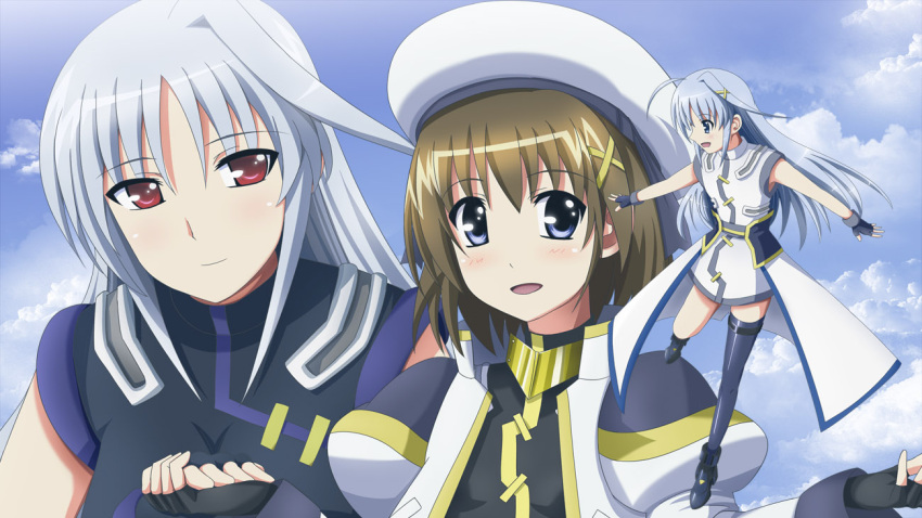 3girls blue_eyes blue_hair brown_hair commentary_request fingerless_gloves gloves grey_hair hair_ribbon hat holding_hands inoshira long_hair lyrical_nanoha magical_girl mahou_shoujo_lyrical_nanoha mahou_shoujo_lyrical_nanoha_a's mahou_shoujo_lyrical_nanoha_strikers mini_person minigirl multiple_girls photoshop_(medium) red_eyes reinforce reinforce_zwei ribbon short_hair skirt time_paradox yagami_hayate