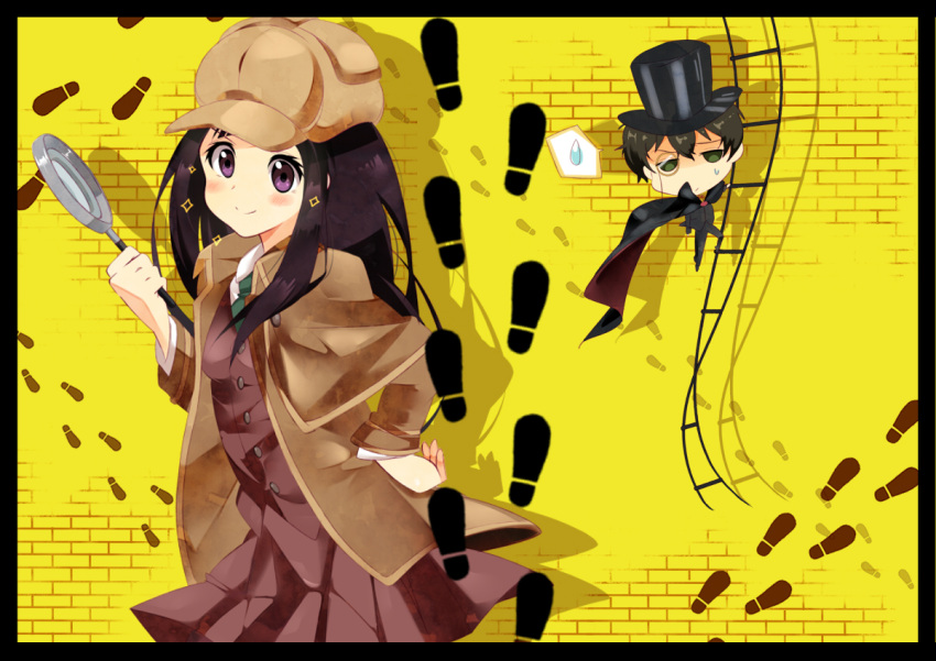 1boy bad_id bad_pixiv_id chibi chitanda_eru coat cosplay detective female footprints hat hyouka kimi_ni_matsuwaru_mystery ladder magnifying_glass necktie oreki_houtarou uminekoritorubasuta-zu